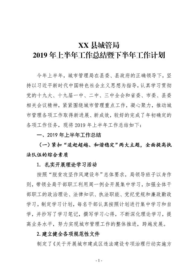 XX县城管局2019年上半年工作总结暨下半年工作计划