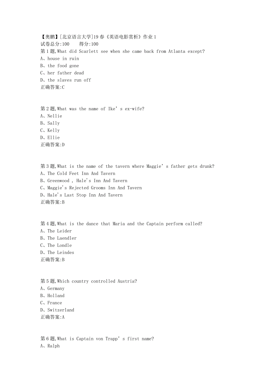 [北京语言大学]19春《英语电影赏析》作业1_第1页