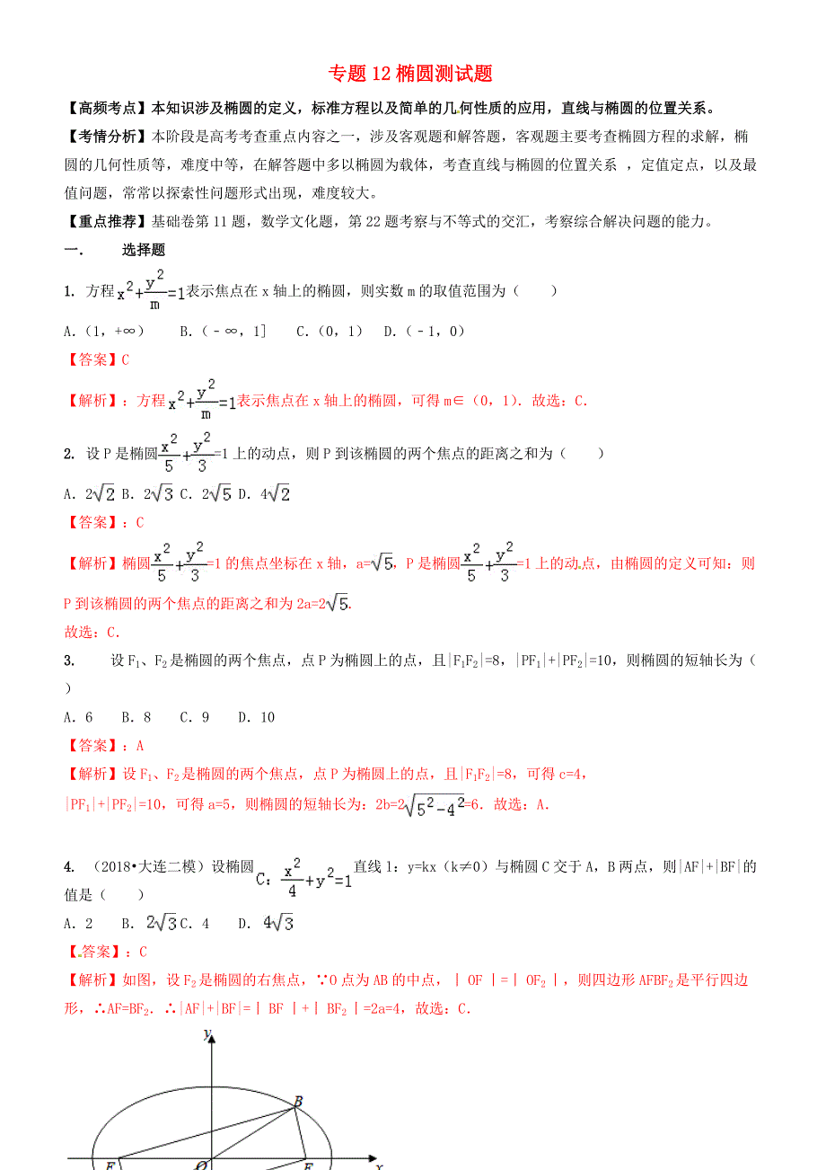 2019年高考数学艺术生百日冲刺  专题12椭圆测试题-有答案解析_第1页