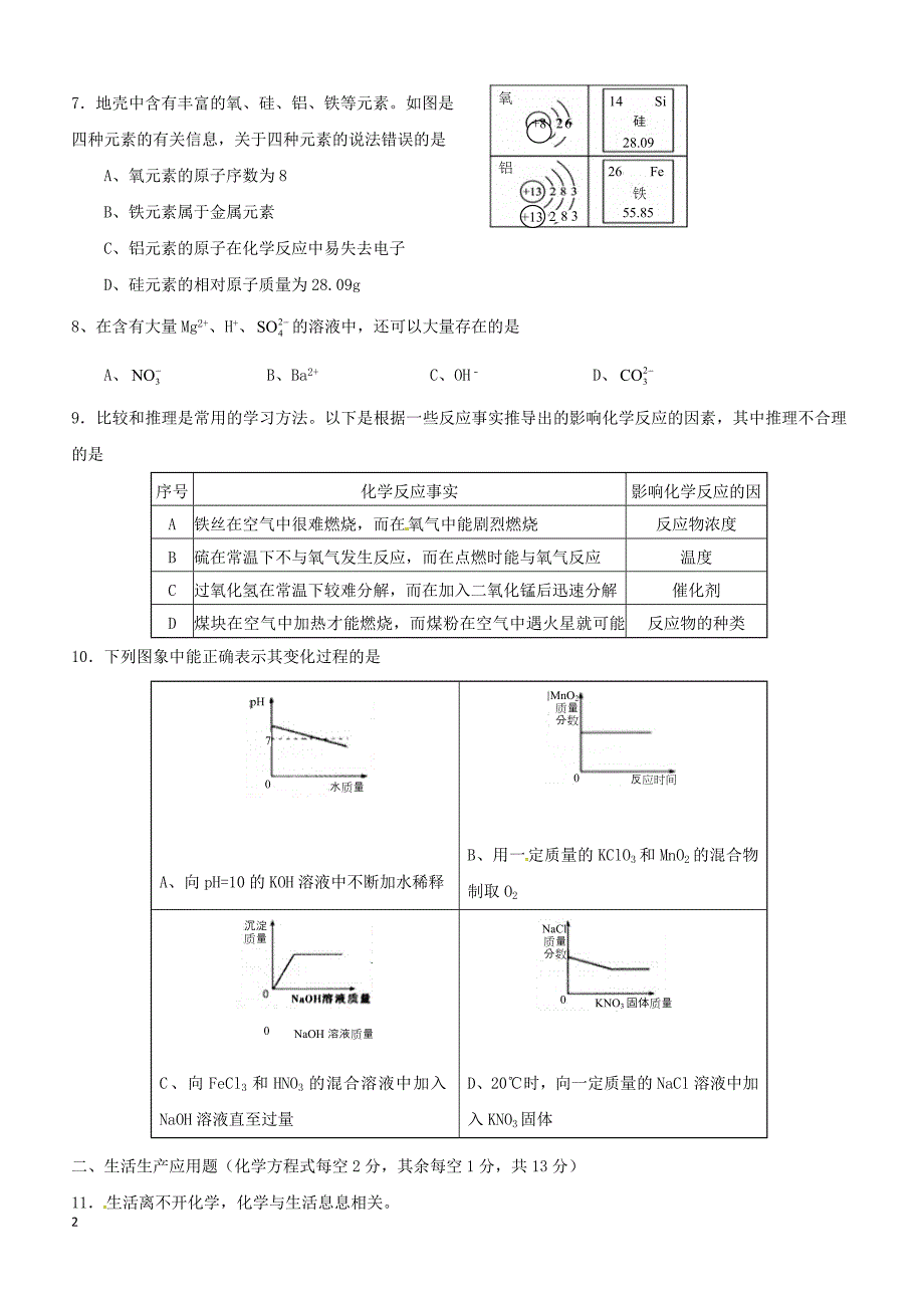 山西农业大学附属中学2018届中考化学适应性训练试题（附答案）_第2页