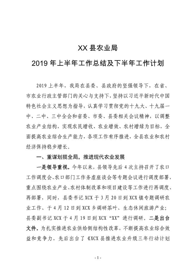 XX县农业局2019年上半年工作总结及下半年工作计划