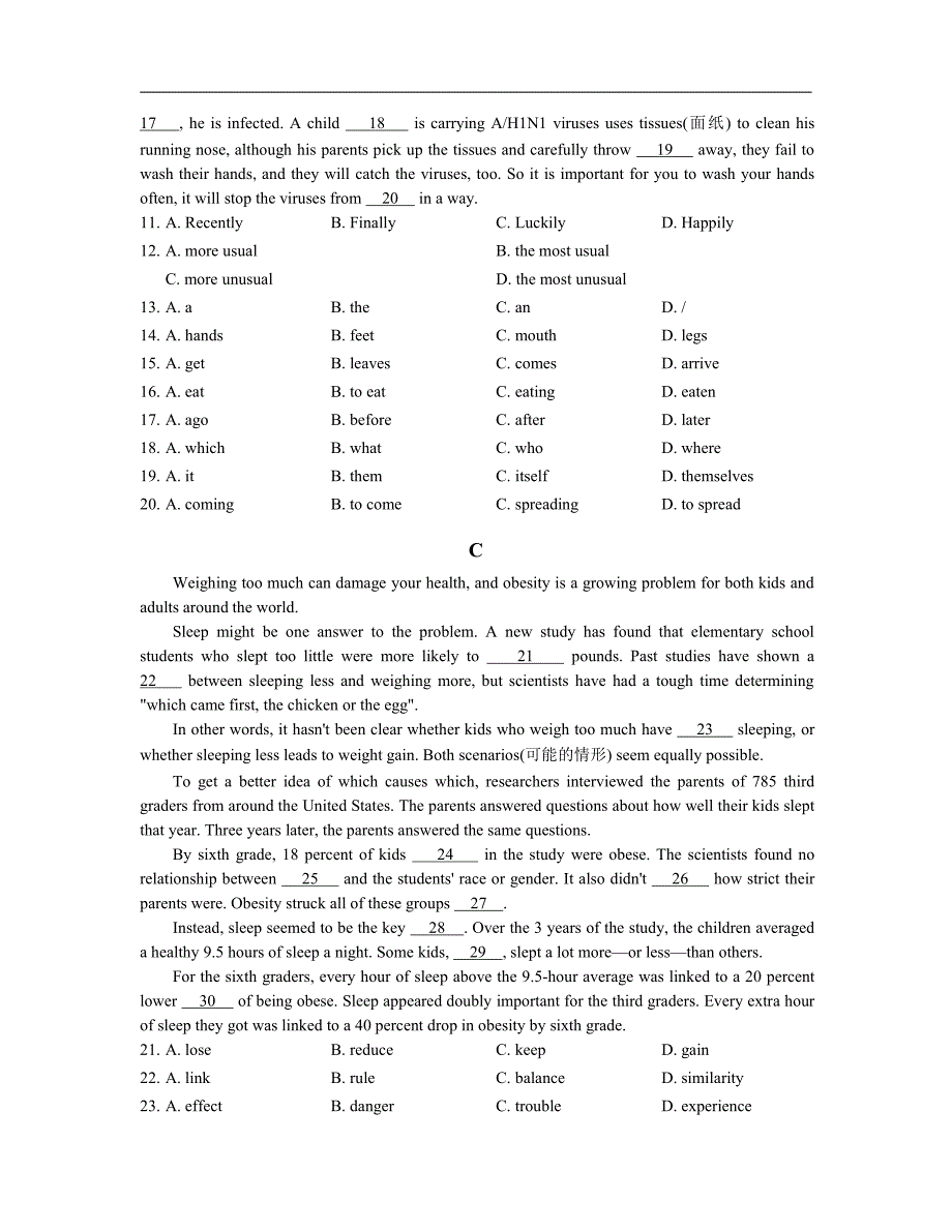 中考英语 完形填空话题分类练习 健康（pdf）1_第2页