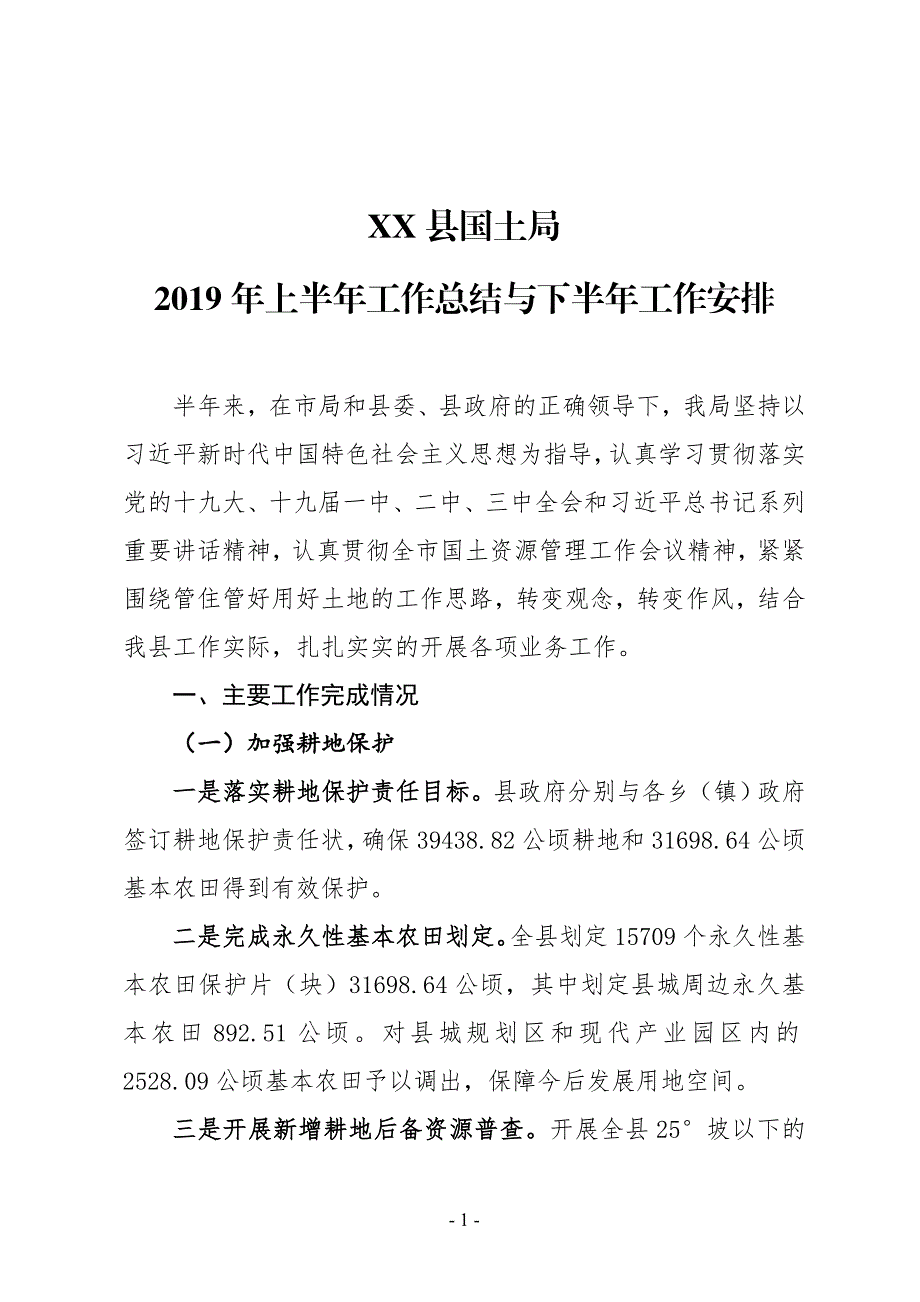 XX县国土局2019年上半年工作总结与下半年工作安排_第1页