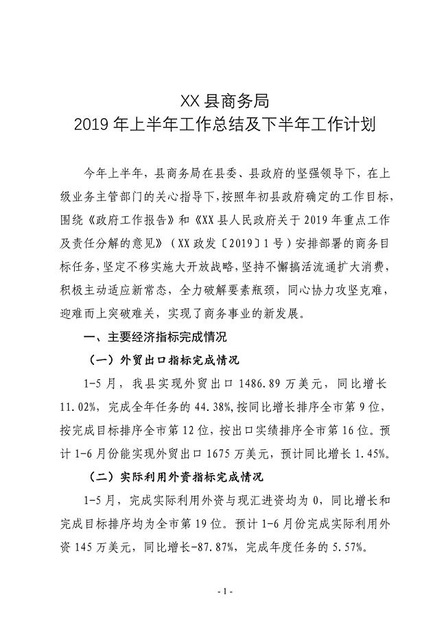 XX县商务局2019年上半年工作总结及下半年工作计划