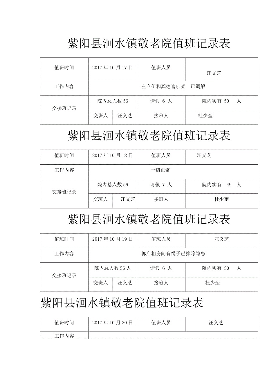 紫阳县洄水镇敬老院值班记录表2_第4页