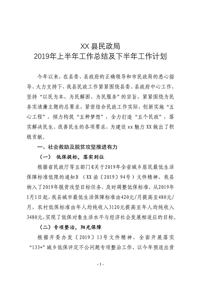 XX县民政局2019年上半年工作总结及下半年工作计划