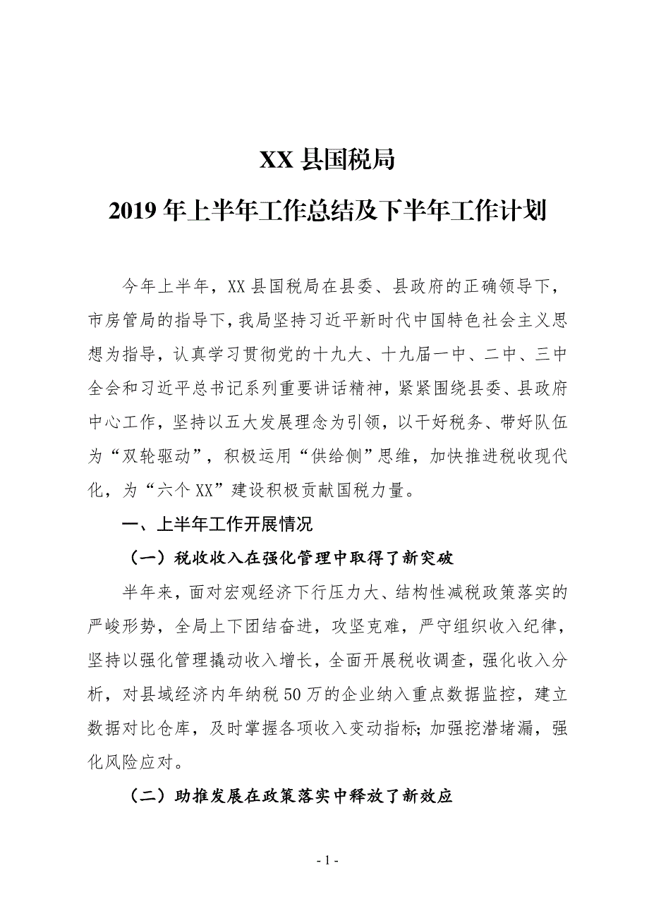 xx县国税局2019年上半年工作总结及下半年工作计划_第1页