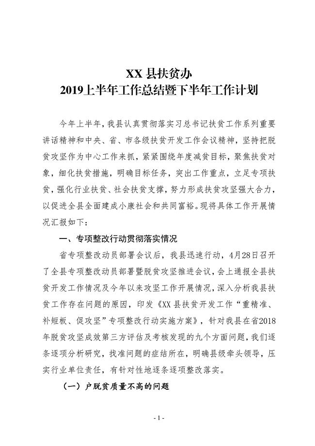 XX县扶贫办2019上半年工作总结暨下半年工作计划