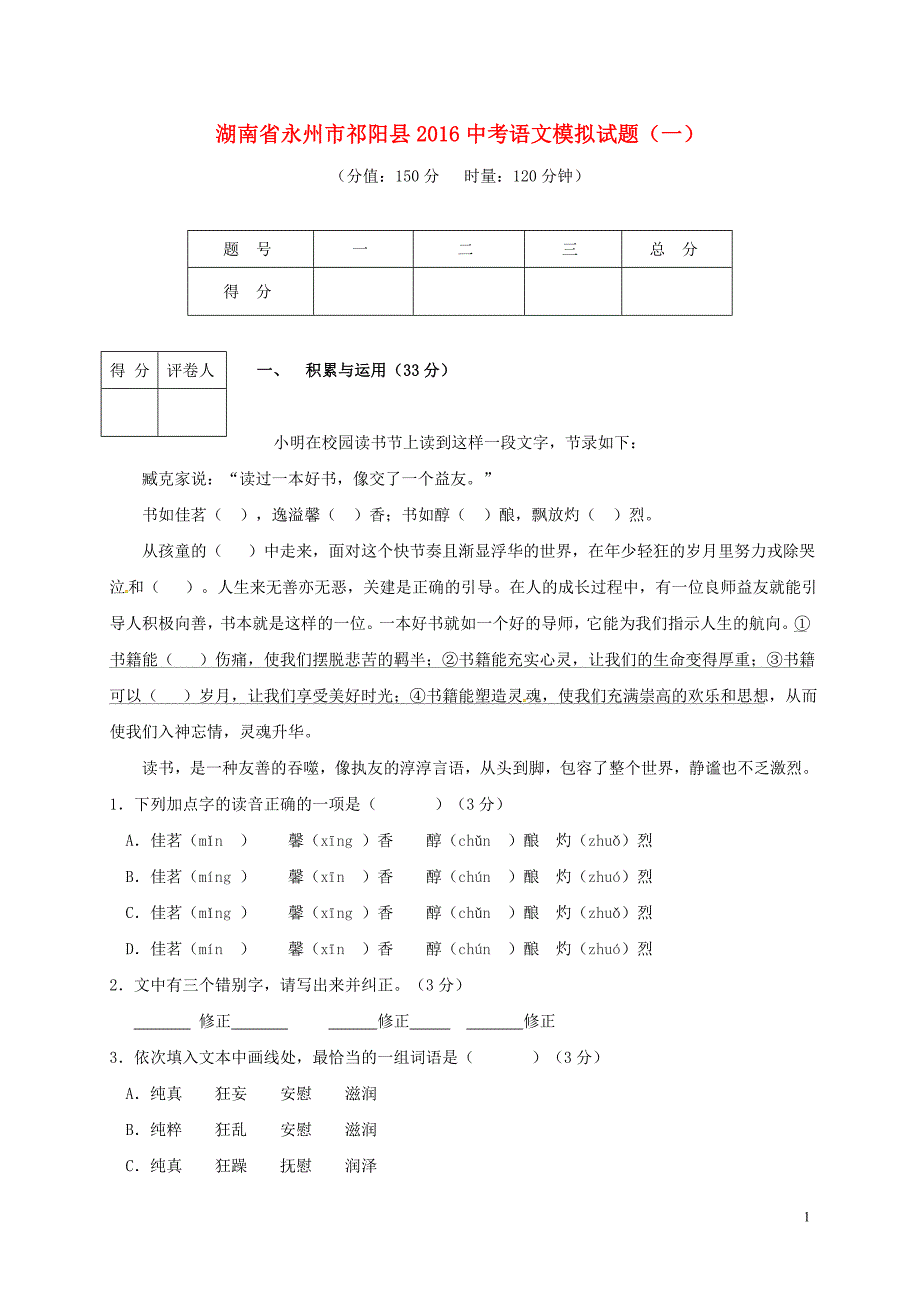 中考语文模拟试题（一）1_第1页