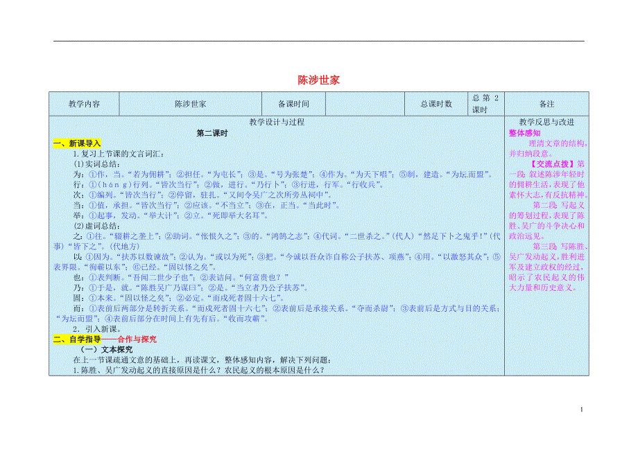 九年级语文上册 第6单元 21《陈涉世家》（第2课时）教案 新人教版_第1页