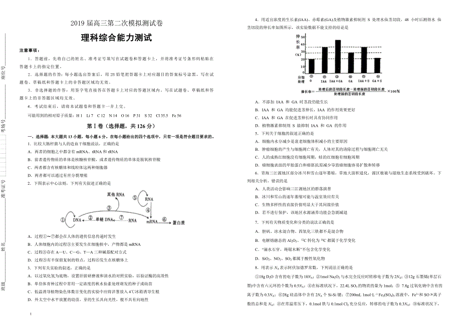 吉林省四平四中2019届高三第二次模拟考试卷理综--含参考答案_第1页