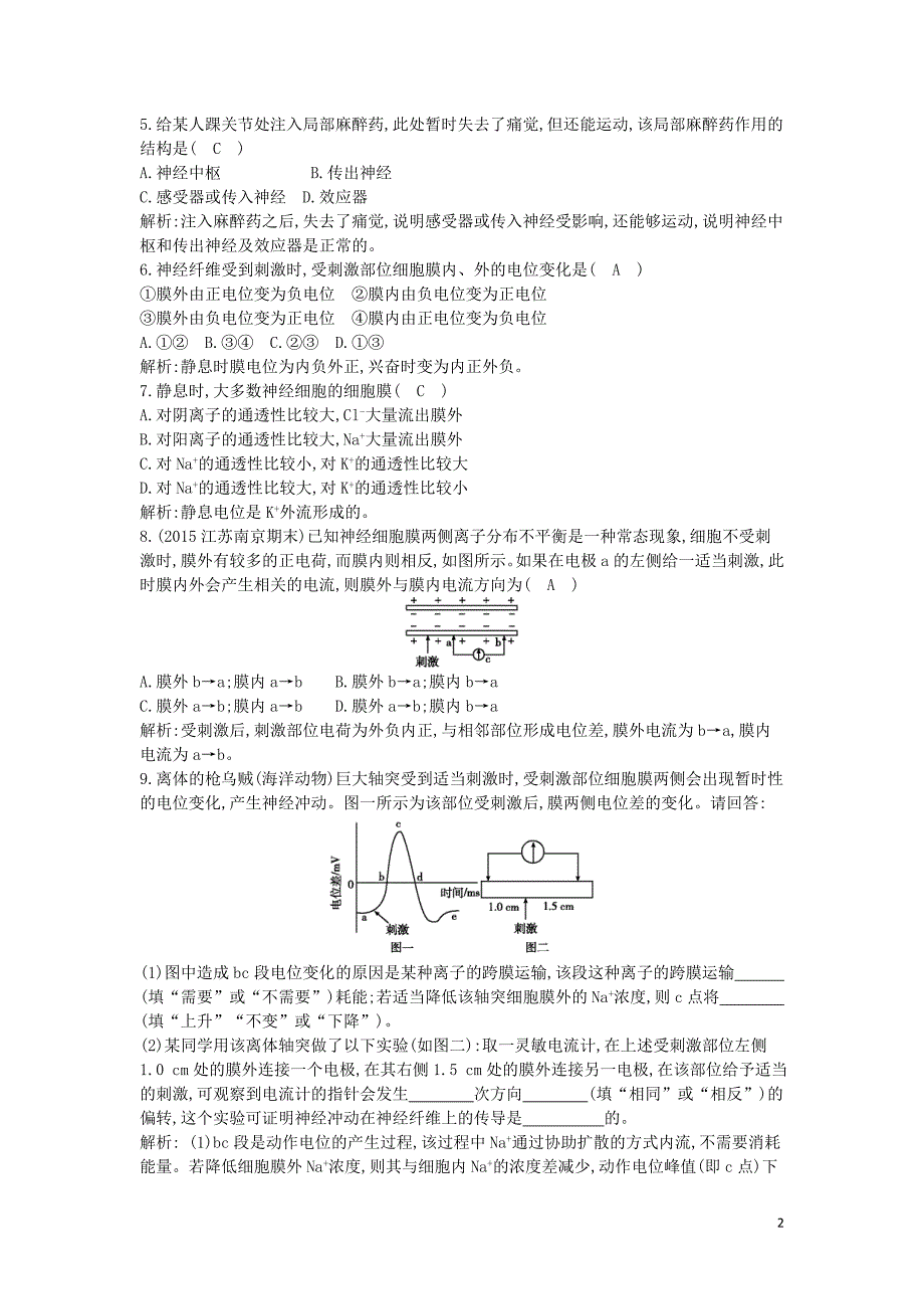 高中生物 第2章 第1节 第1课时 反射与反射弧 兴奋的产生与传导课时训练 新人教版必修3_第2页