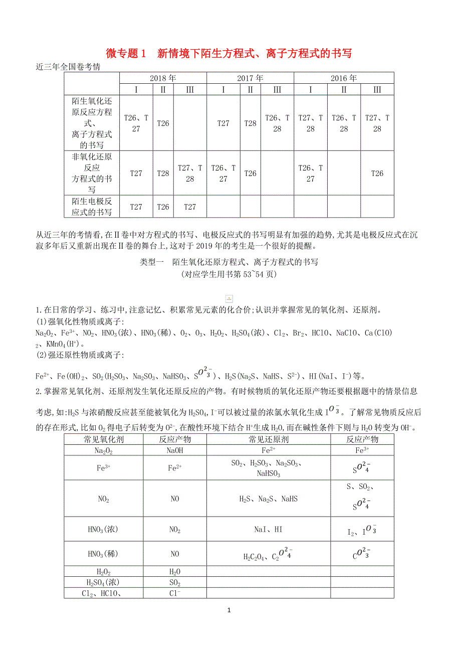 2019高考化学二轮复习微专题1新情境下陌生方程式离子方程式的书写教案（含答案）_第1页