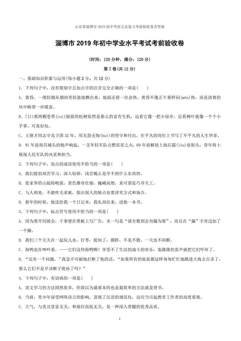 山东省淄博市2019届中考语文总复习考前验收卷含答案_第1页