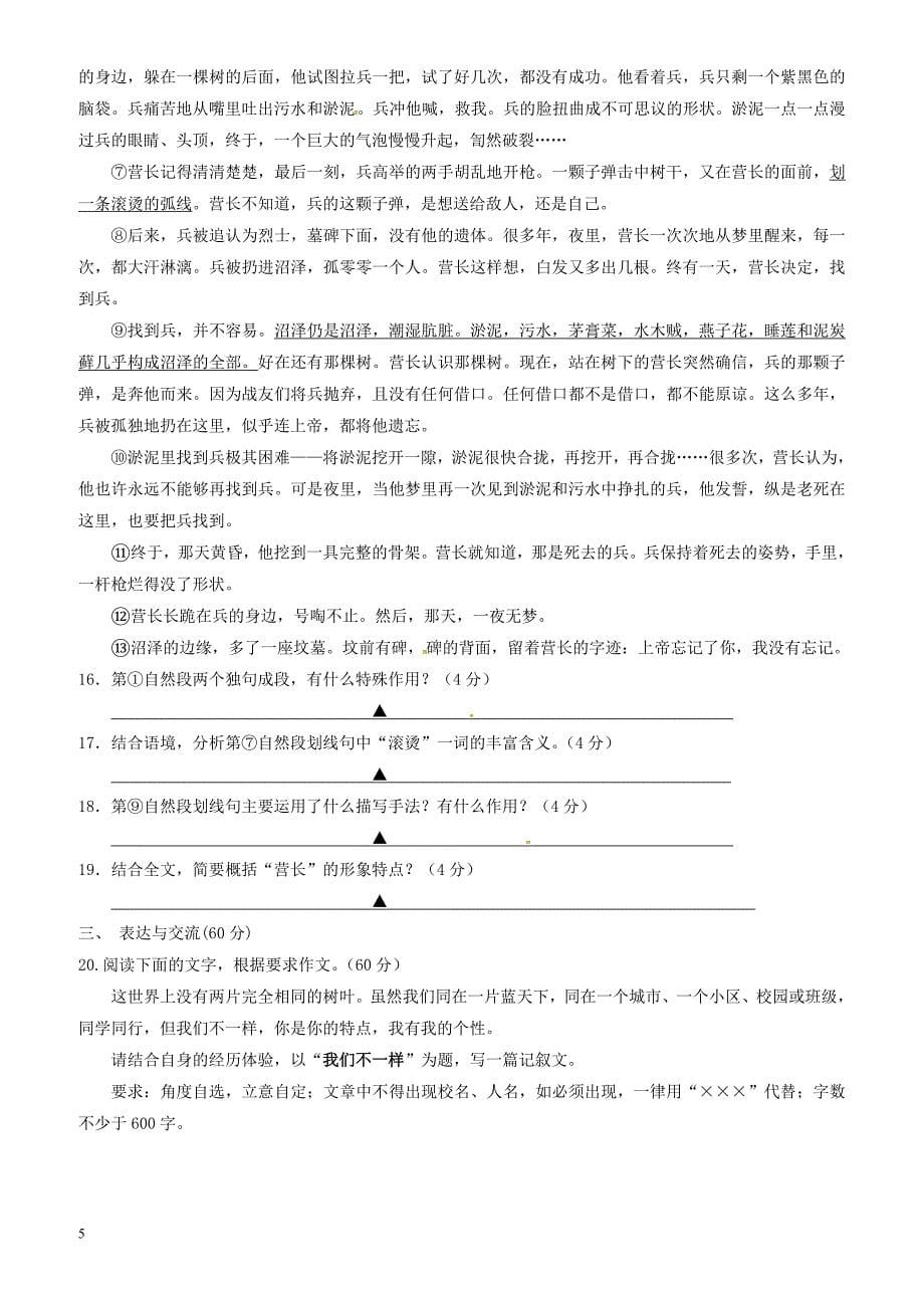 江苏省无锡市锡东片2018届九年级语文下学期期中试题_第5页