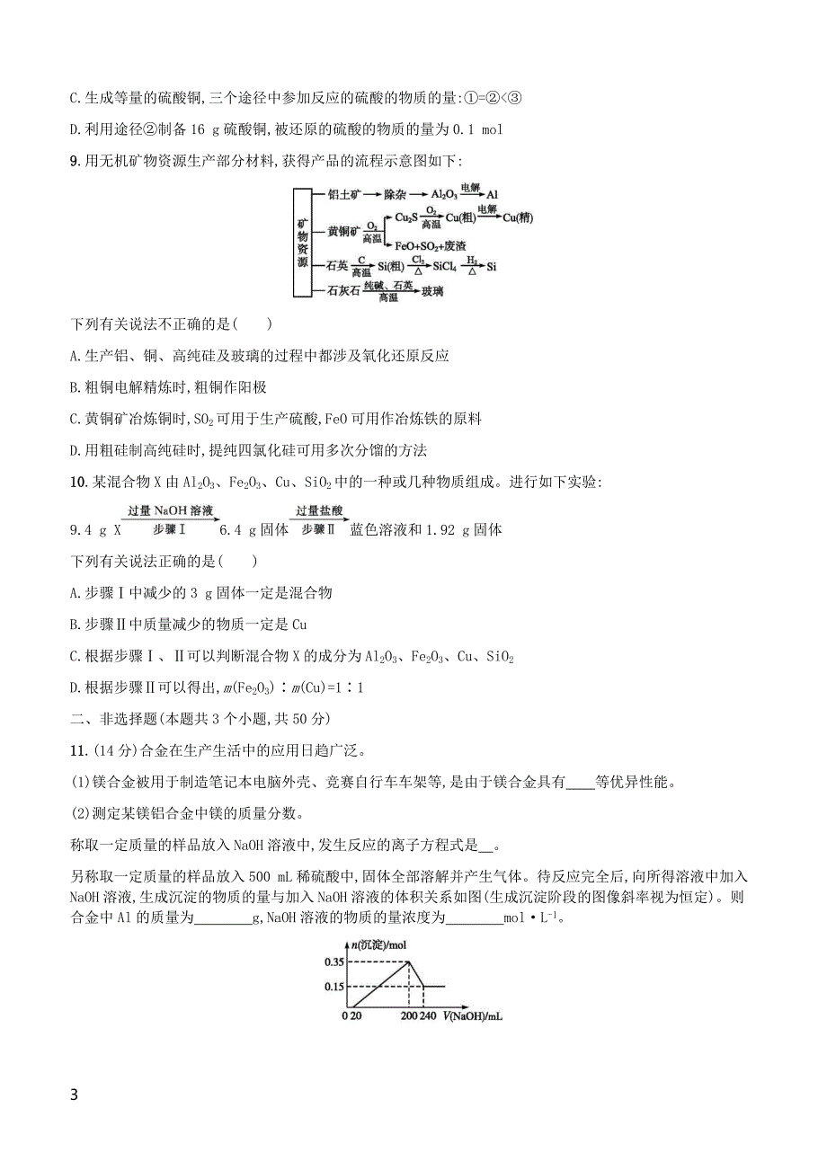 广西2019年高考化学一轮复习考点规范练9用途广泛的金属材料铜及其重要化合物新人教版有答案_第3页