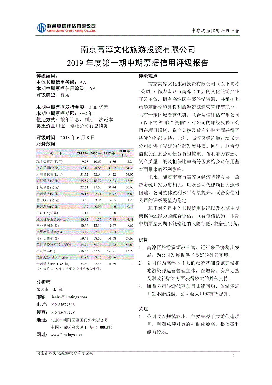 南京高淳文化旅游投资有限公司2019年度第一期中期票据信用评级报告_第2页