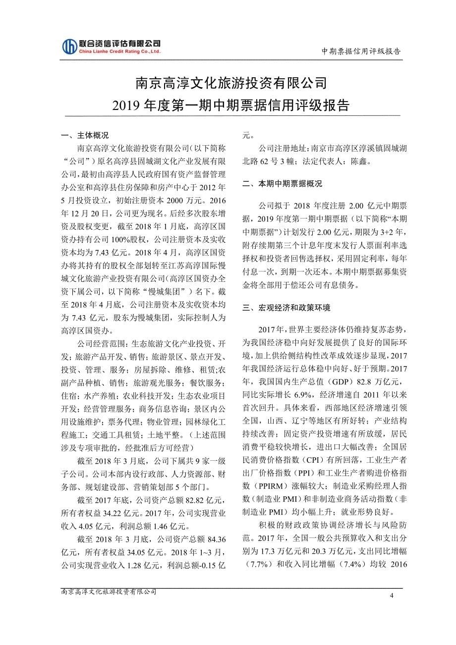 南京高淳文化旅游投资有限公司2019年度第一期中期票据信用评级报告_第5页