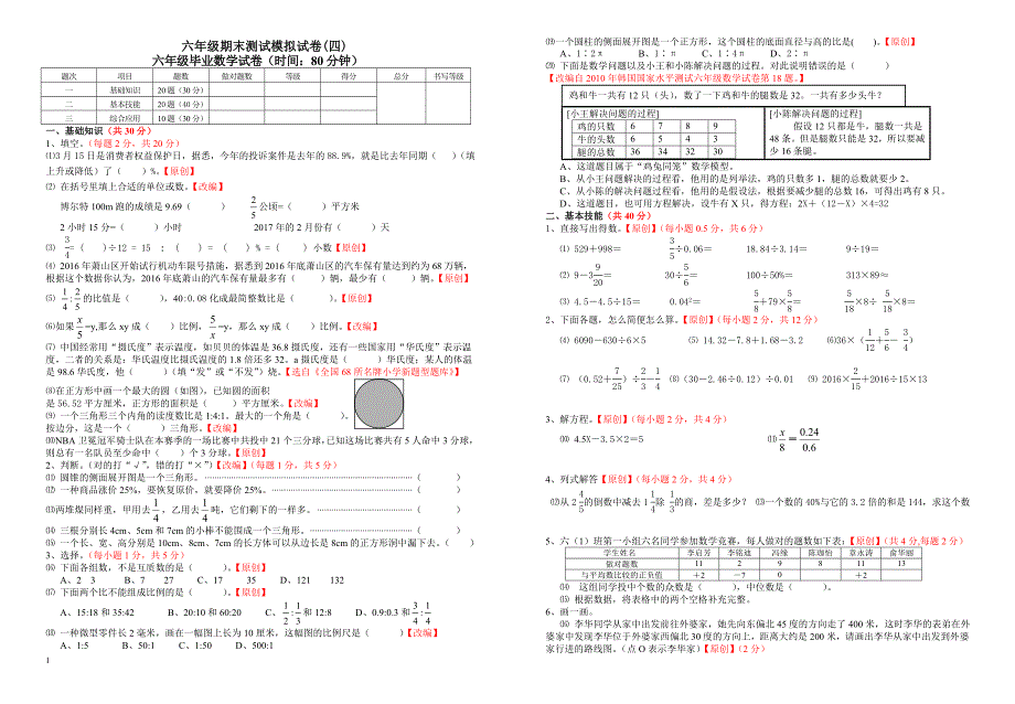 2017-2018学年六年级第二学期数学期末测试模拟试卷(四)_第1页