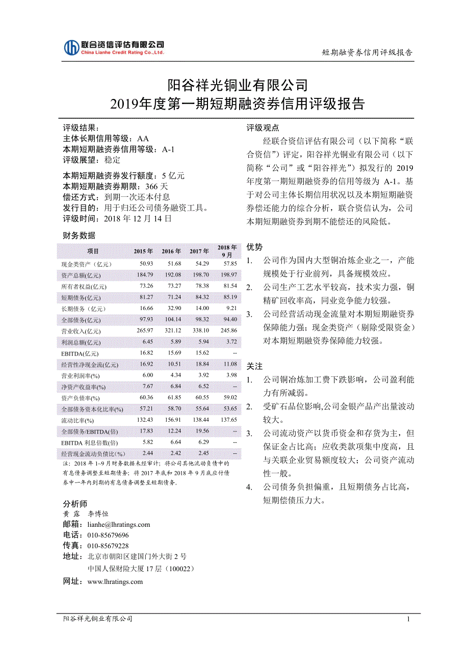 阳谷祥光铜业有限公司2019年度第一期短期融资券信用评级报告_第2页