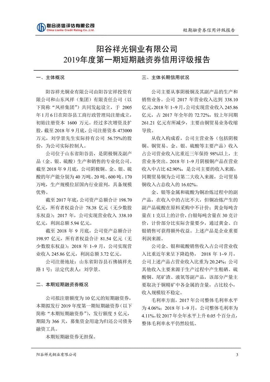 阳谷祥光铜业有限公司2019年度第一期短期融资券信用评级报告_第4页