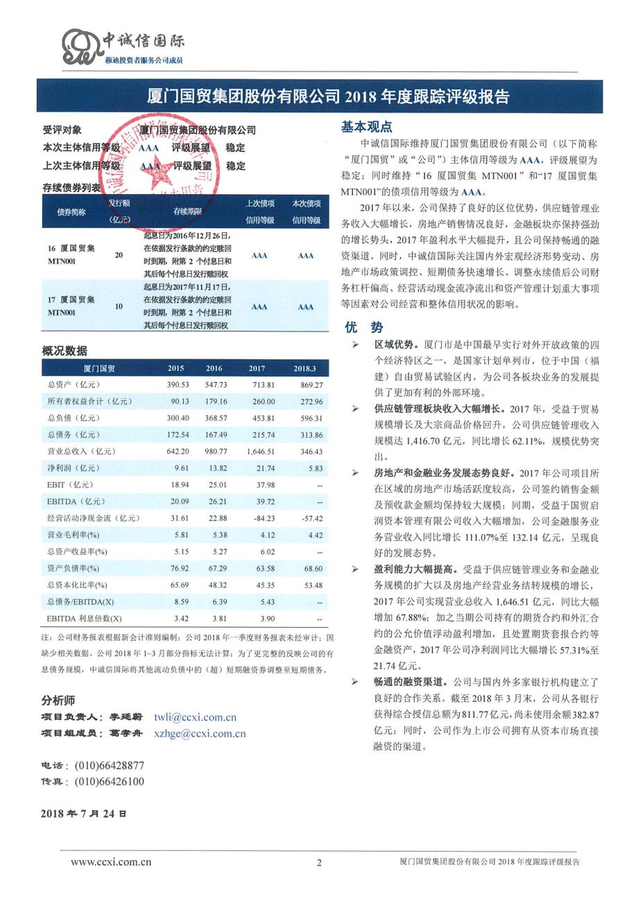 厦门国贸集团股份有限公司主体信用评级报告_第2页