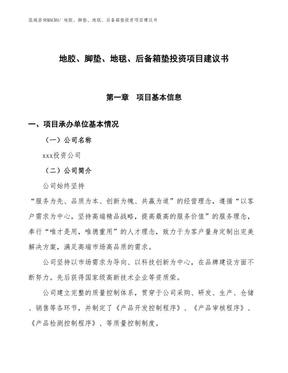 （招商引资）地胶、脚垫、地毯、后备箱垫投资项目建议书_第1页