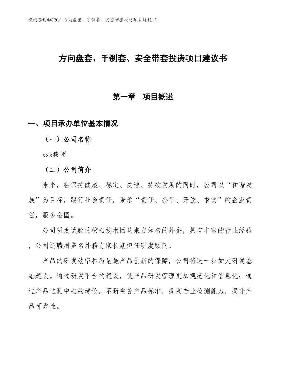 （招商引资）方向盘套、手刹套、安全带套投资项目建议书_第1页