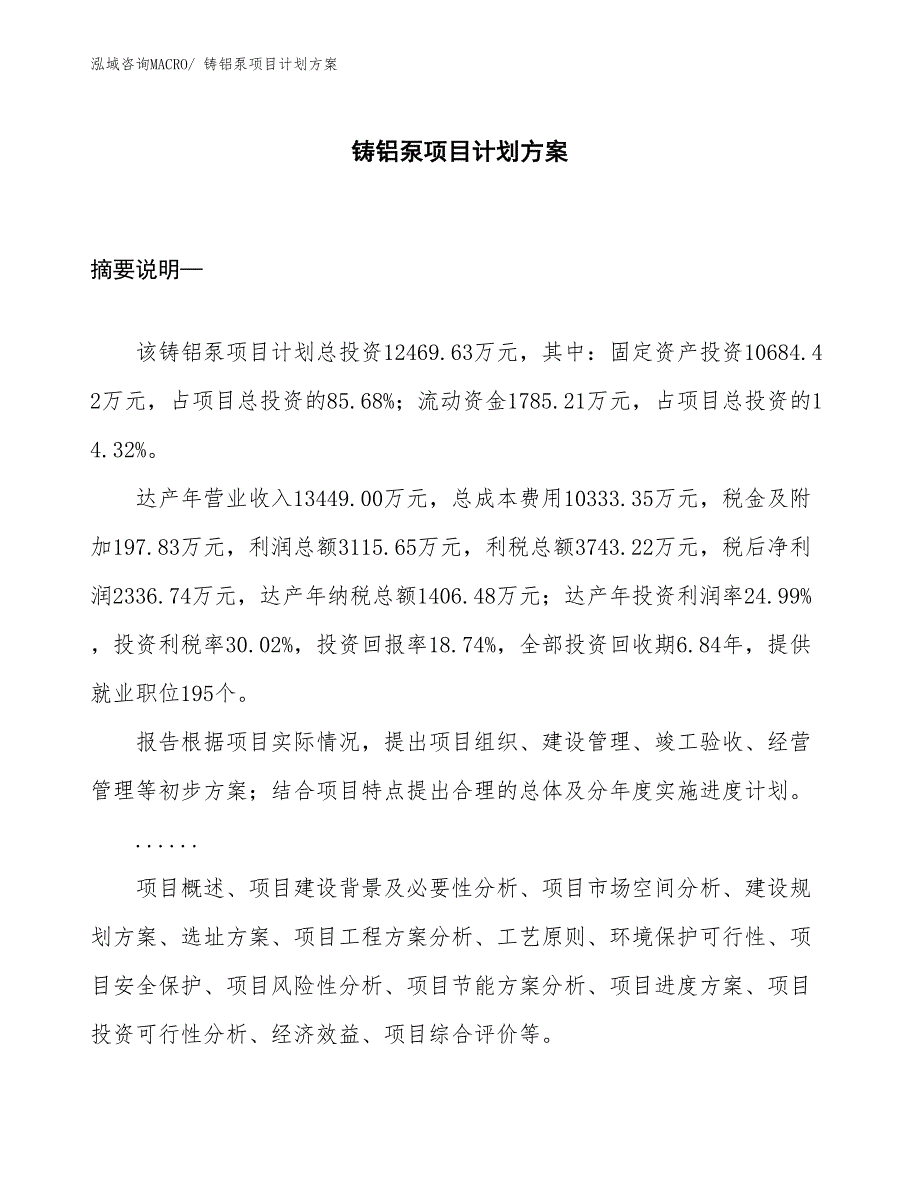 （招商引资）铸铝泵项目计划方案_第1页