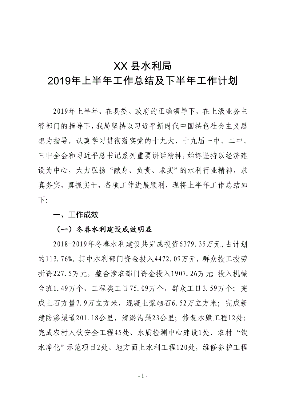 XX县水利局2019年上半年工作总结及下半年工作计划_第1页