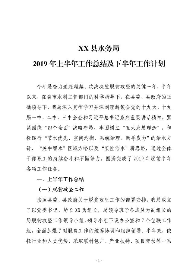 XX县水务局2019上半年工作总结及下半年工作计划