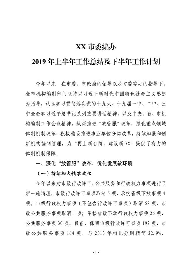 XX市委编办2019年上半年工作总结及下半年工作计划