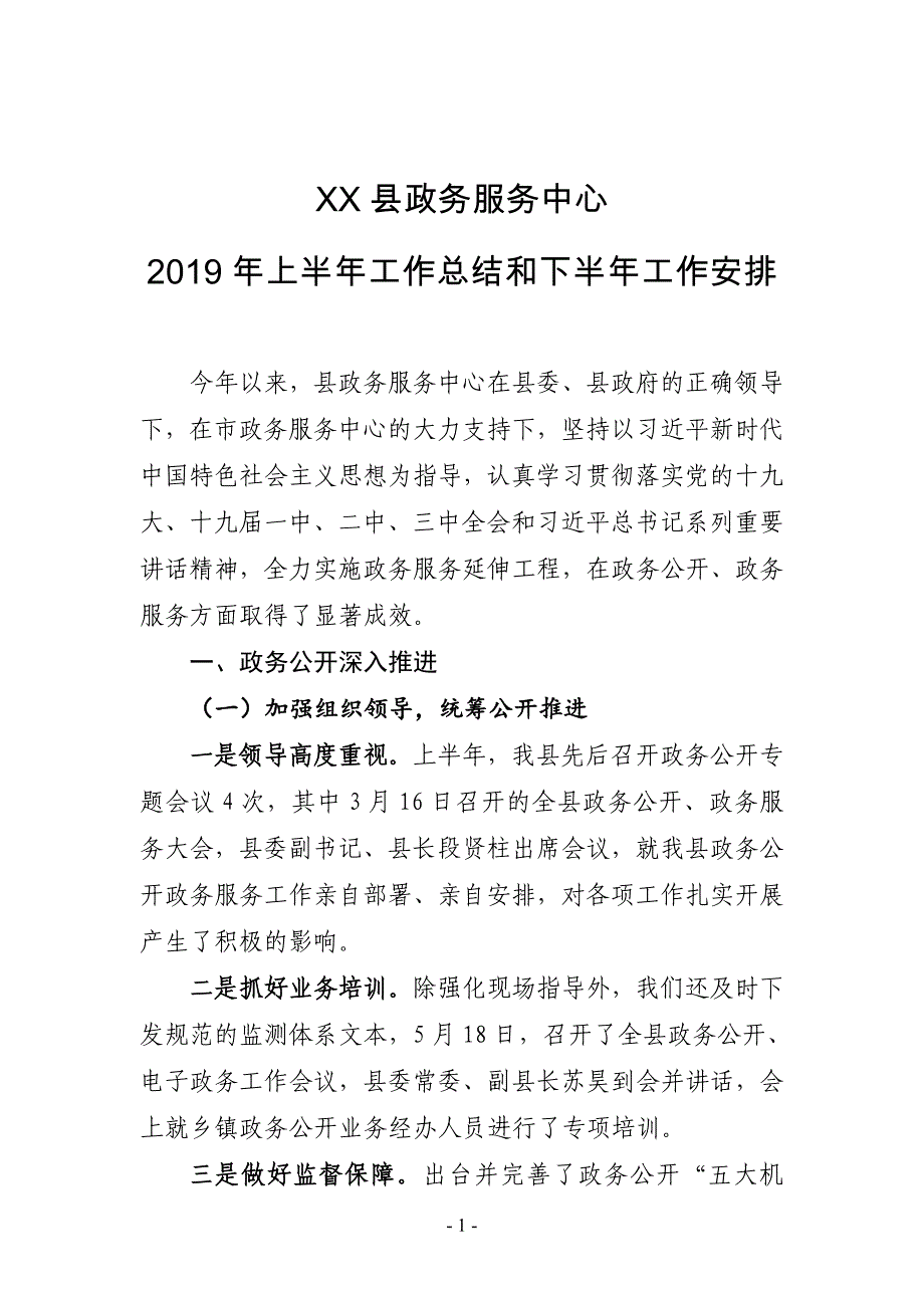 XX县政务服务中心2019年上半年工作总结和下半年工作安排_第1页