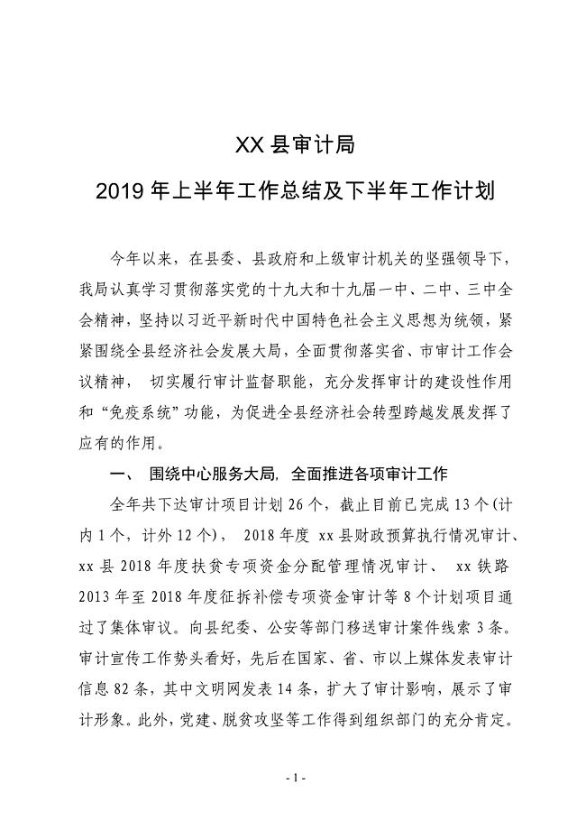 XX县审计局2019年上半年工作总结及下半年工作计划