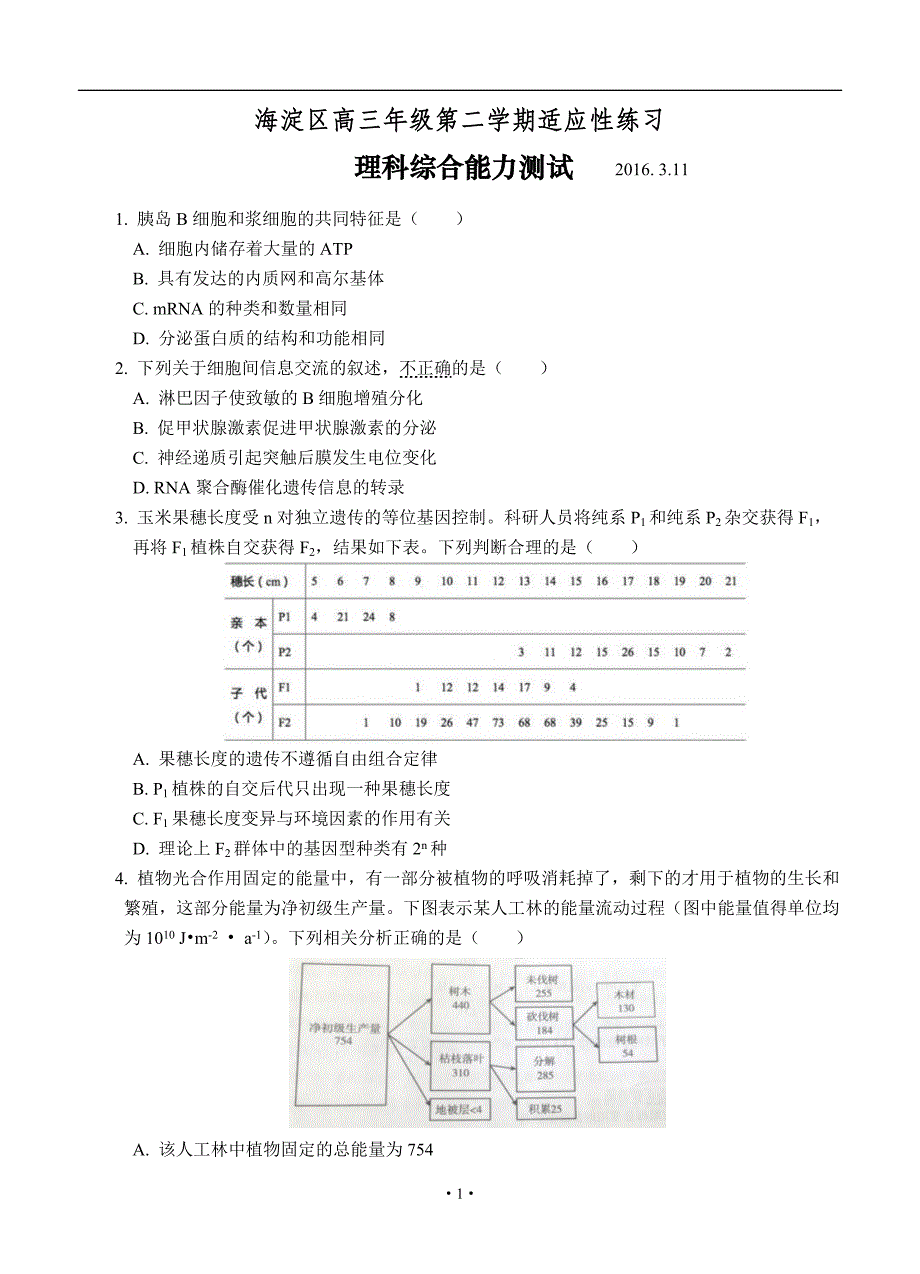 北京市海淀区2016届高三3月适应性训练(零模)理科综合试题_第1页