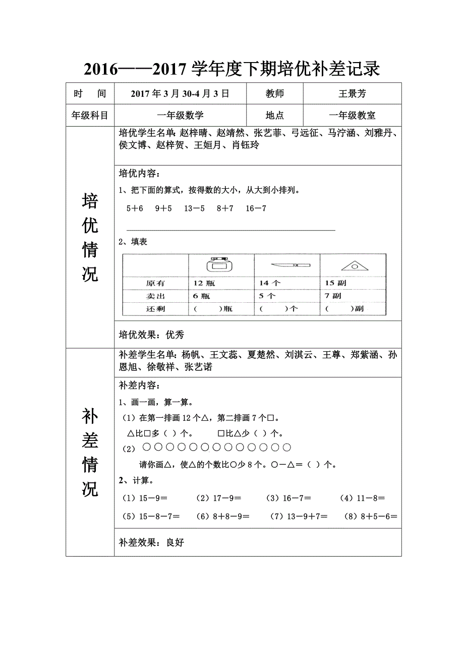 下学期一年级数学培优补差记录_第4页