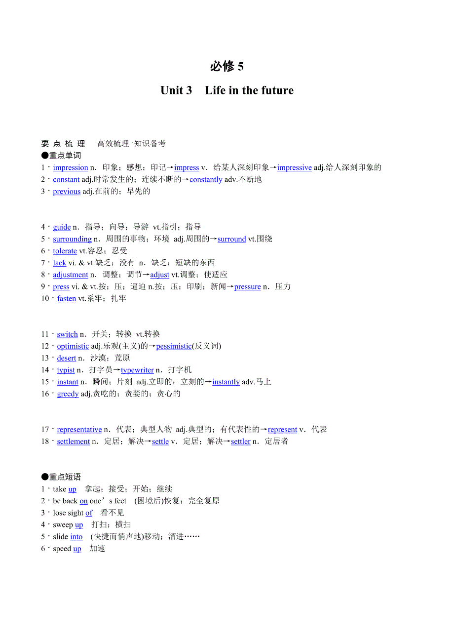 高考英语（人教版）要点梳理 重点突破：必修5 Unit 3　Life in the future_第1页