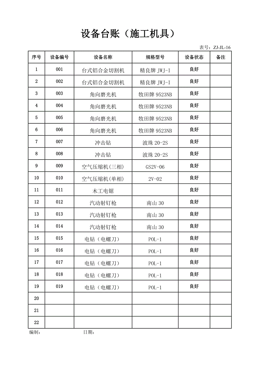 设备台账、保养计划、保养记录、维修记录(施工机具管理)_第1页