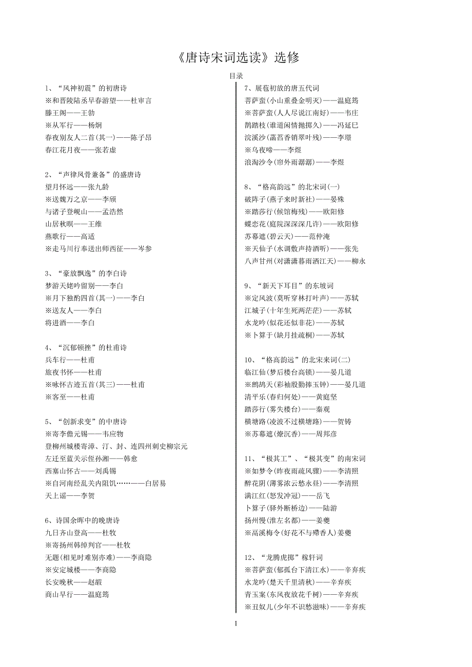 苏教版语文《唐诗宋词选读》选修(教材上全部诗歌,已全部校对无误!)_第1页