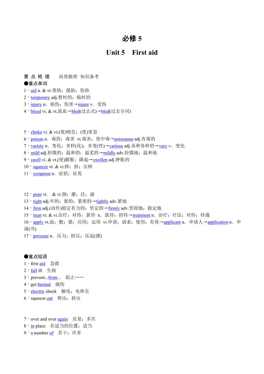 高考英语（人教版）要点梳理 重点突破：必修5 Unit 5　First aid_第1页