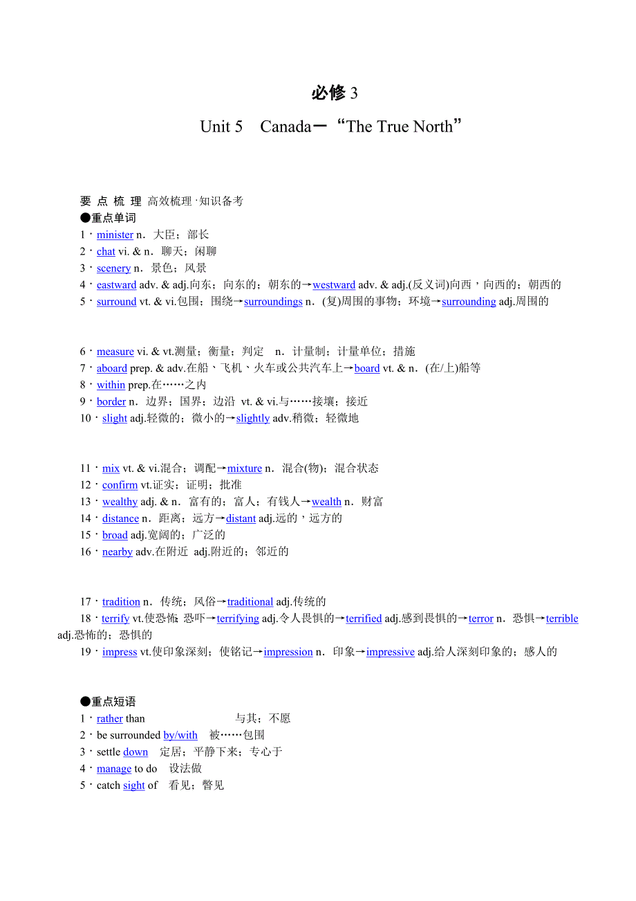 高考英语（人教版）要点梳理 重点突破：必修3 Unit 5　Canada－“The True North”_第1页