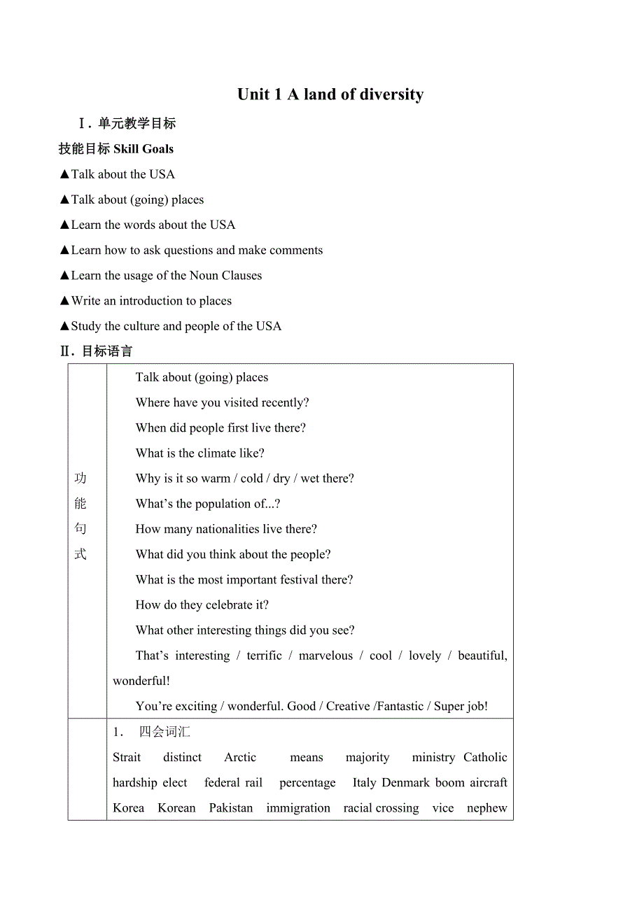 人教版 高中英语 选修8 精品教案 Unit 1 A land of diversity全单元教案_第1页