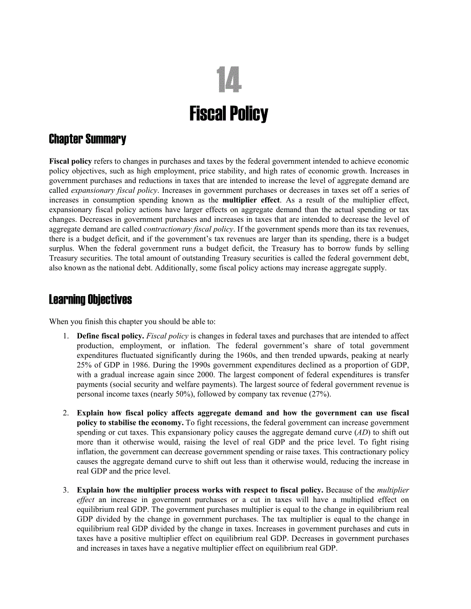 英文版宏观经济学复习提纲 chapter 14 fiscal policy_第1页