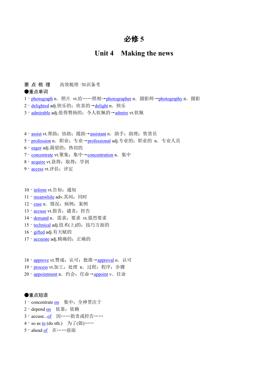 高考英语（人教版）要点梳理 重点突破：必修5 Unit 4　Making the news_第1页