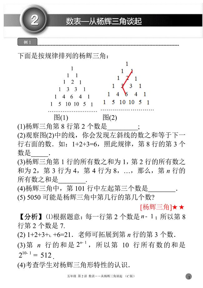 数学：第二讲 数表-从杨辉三角谈起 讲义