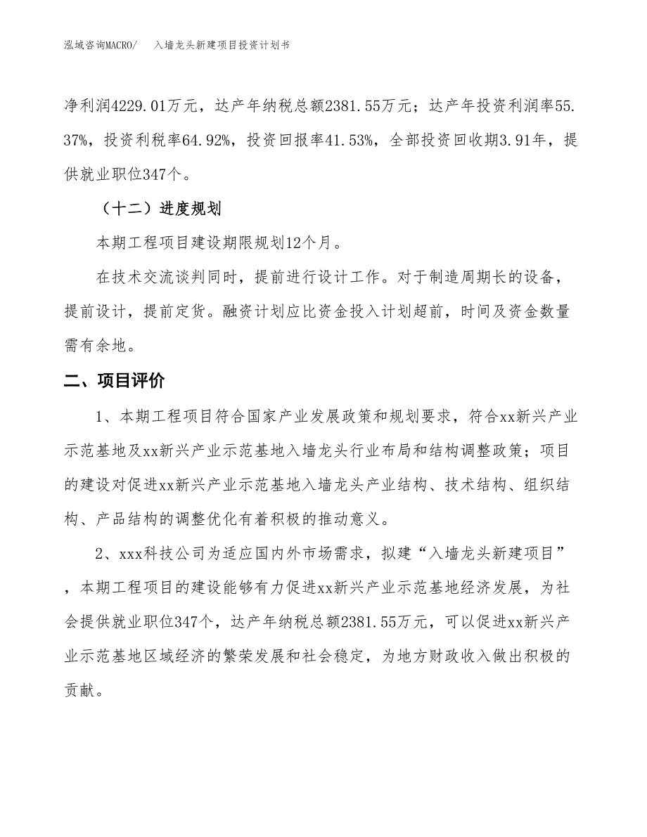 入墙龙头新建项目投资计划书_第4页