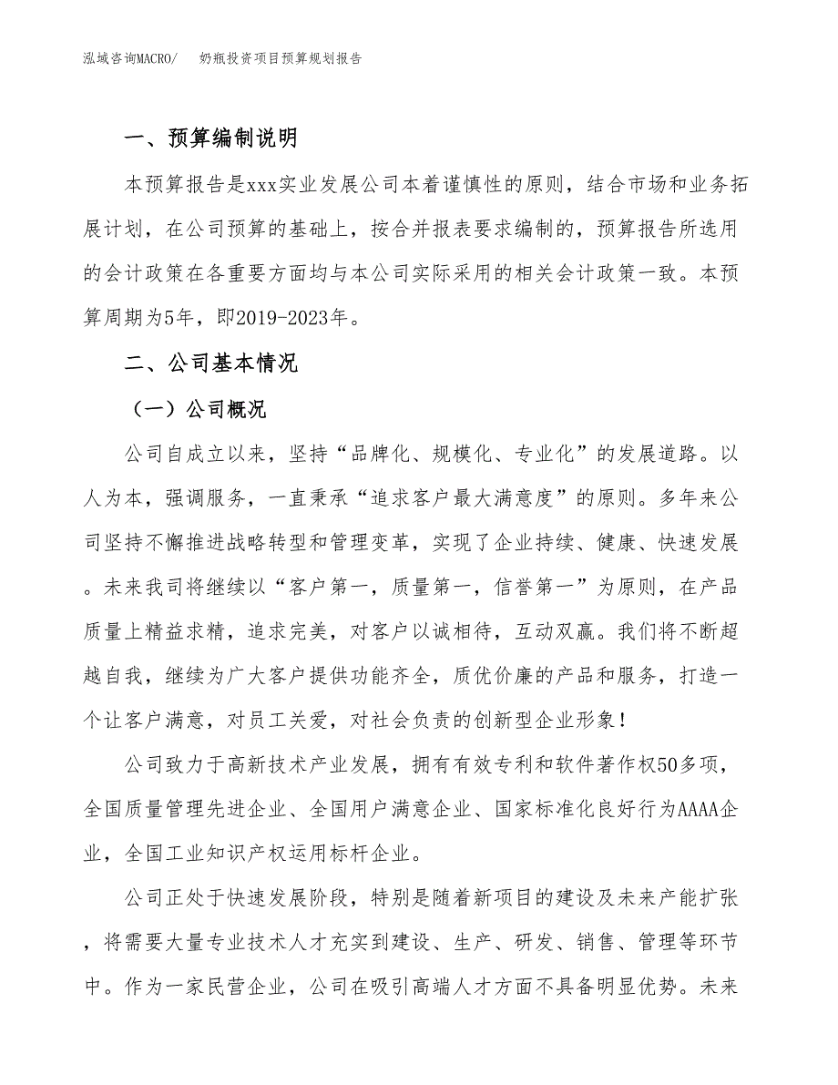 奶瓶投资项目预算规划报告_第2页