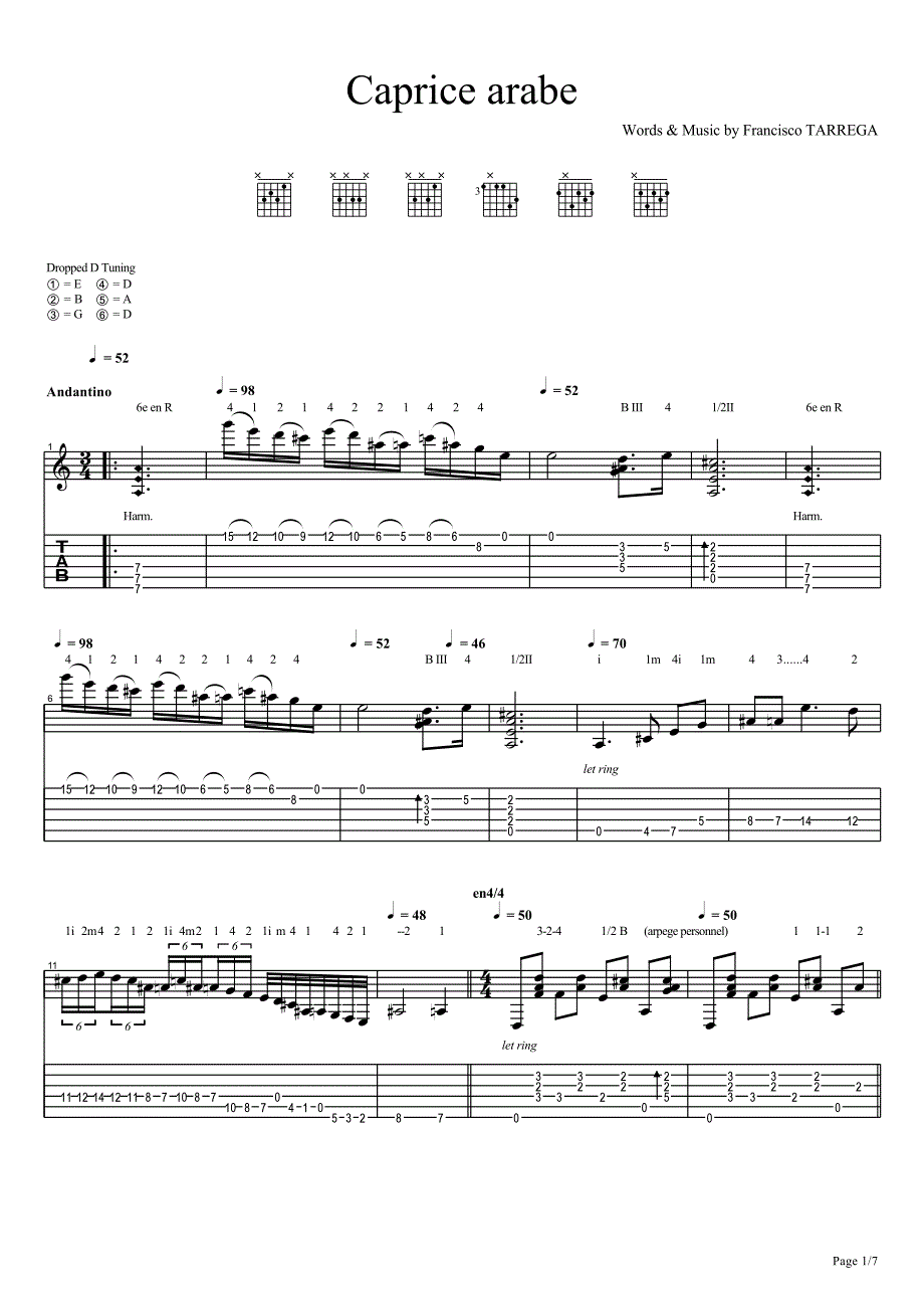 阿拉伯风格绮想曲 泰雷加 古典吉他谱，六线谱，.pdf_第1页