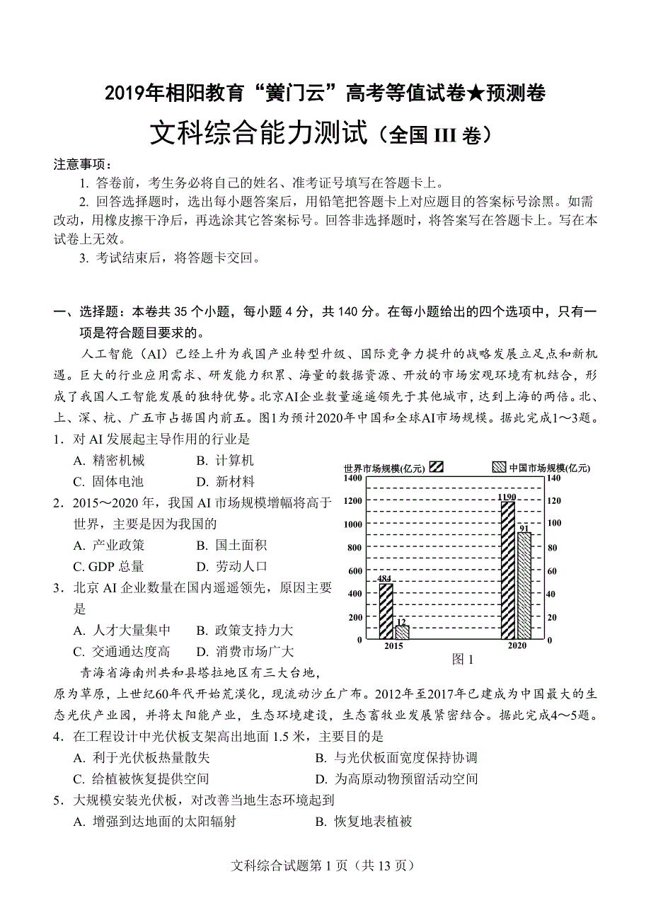 2019年相阳教育“黉门云”高考等值试卷★预测卷（全国III卷） 文科综合 Word版含答案_第1页