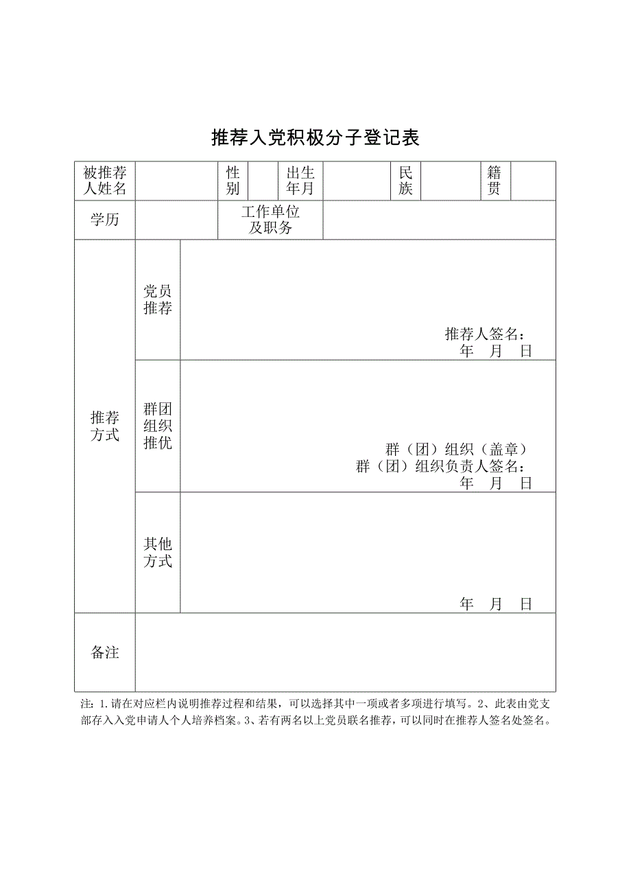 推荐入党积极分子登记表、备案报告、批复、通知书_第1页